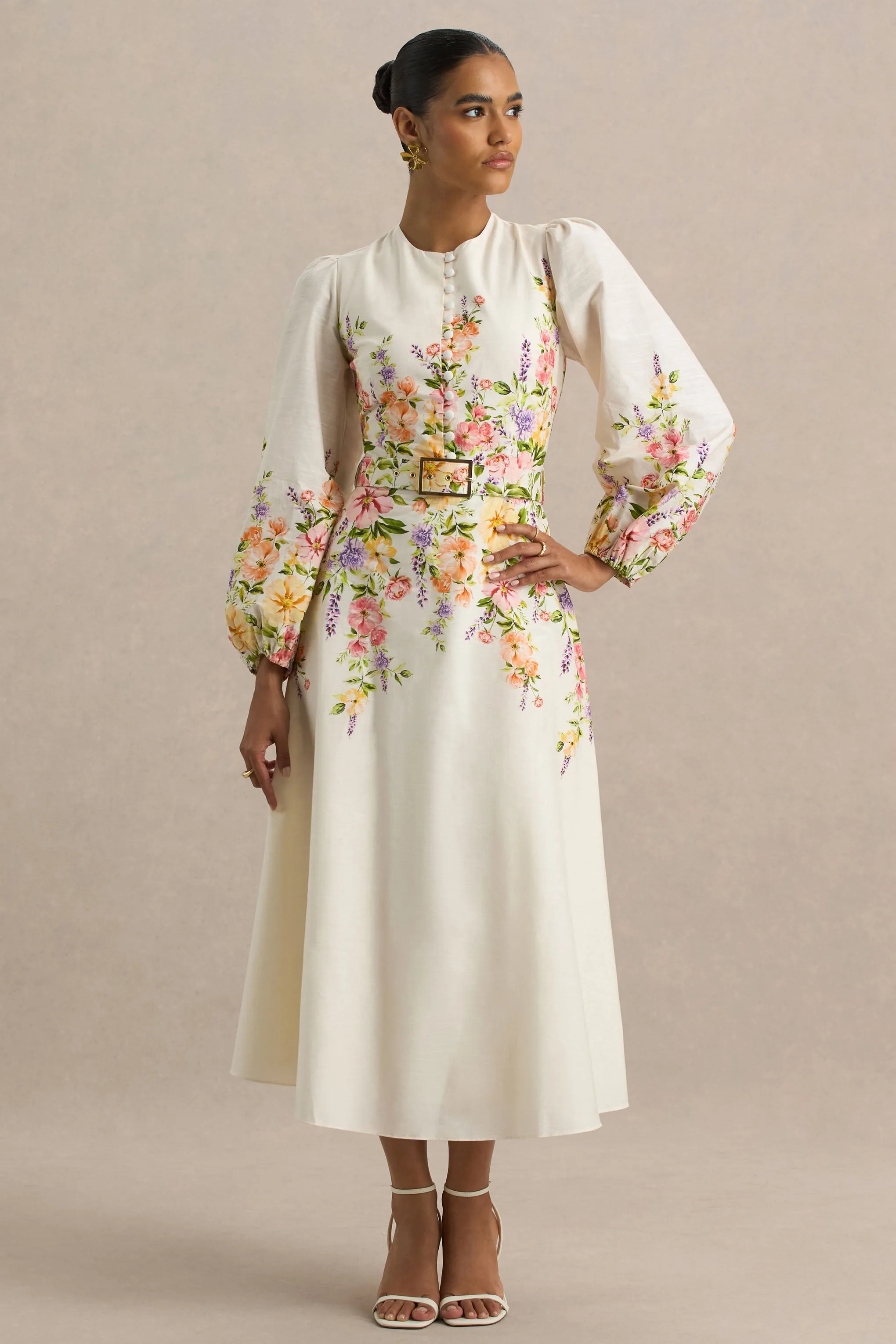Dahlia | White Floral Border Print High-Neck Midi Dress sold by Club L London product image thumbnail 4