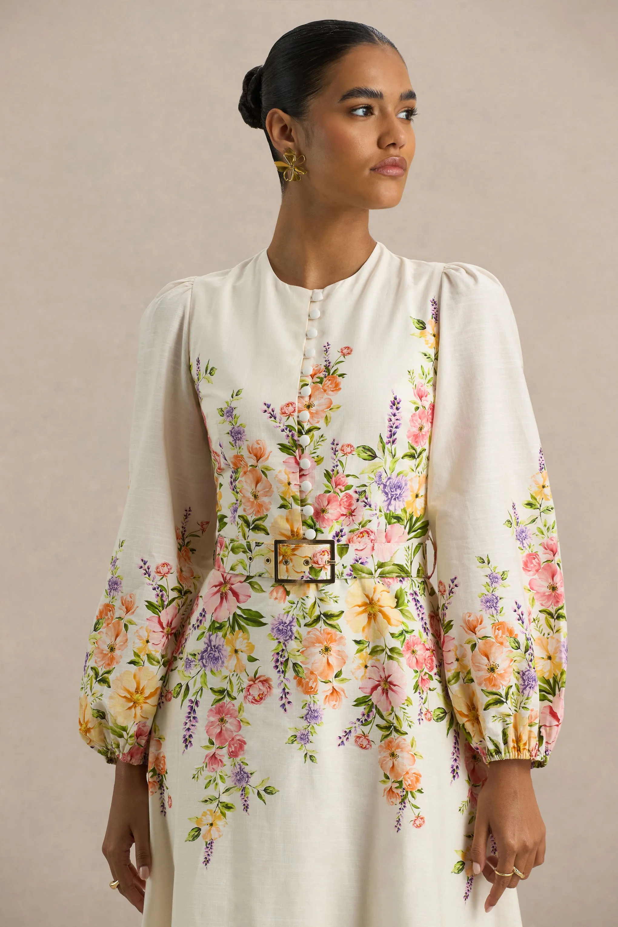 Dahlia | White Floral Border Print High-Neck Midi Dress sold by Club L London product image thumbnail 5