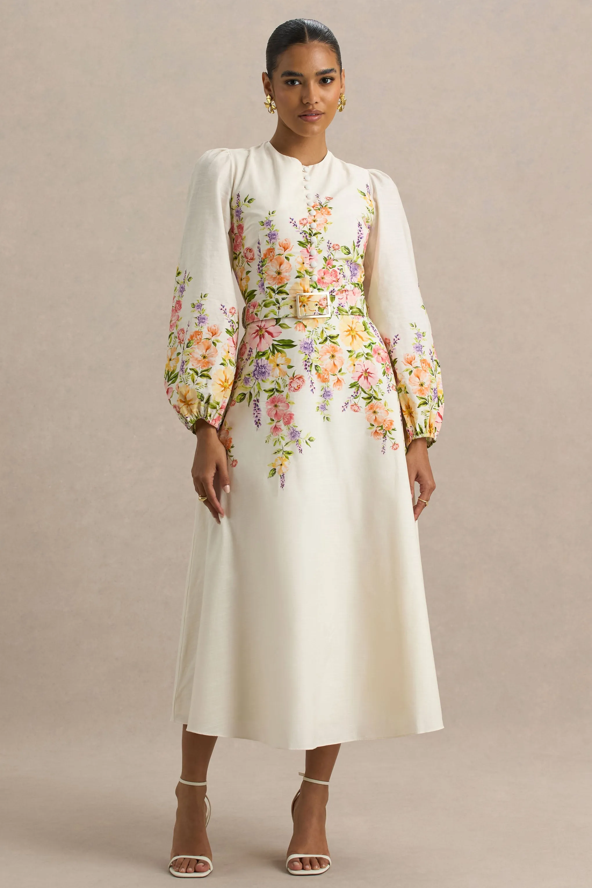 Dahlia | White Floral Border Print High-Neck Midi Dress sold by Club L London