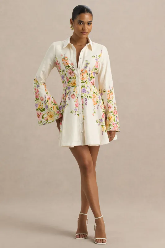 Alma | White Floral Border Print Shirt Mini Dress sold by Club L London