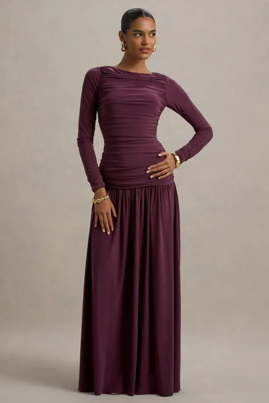 Aniyah | Burgundy High-Neck Maxi Dress With Ruched Detailing sold by Club L London