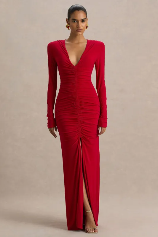 Jewel | Red Plunge-Neck Maxi Dress With Front Split and Ruched Detailing sold by Club L London