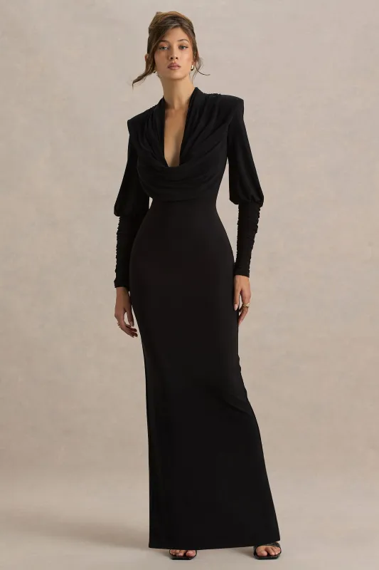 Kaylee | Black Cowl-Neck Maxi Dress With Draping Details sold by Club L London