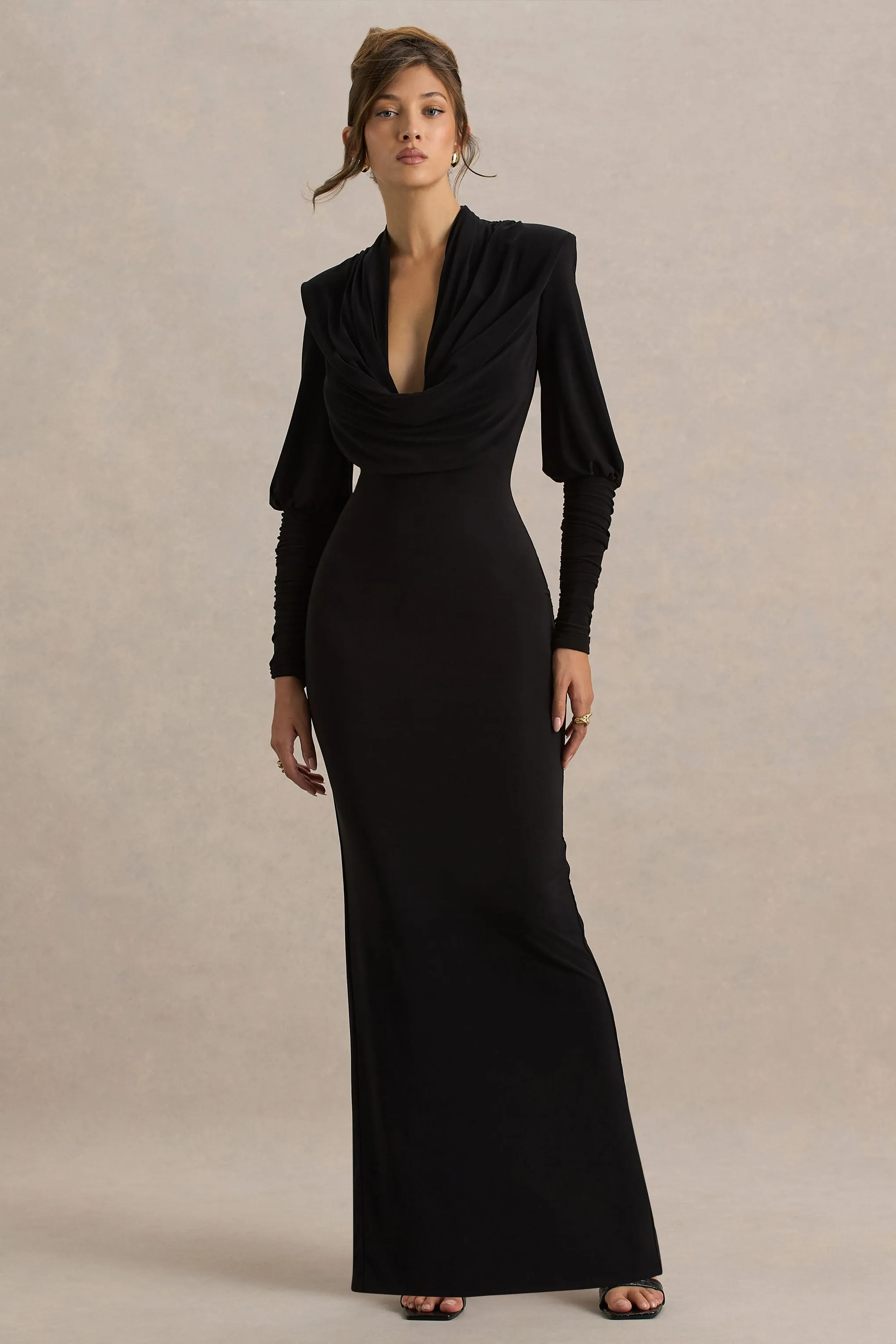 Kaylee | Black Cowl-Neck Maxi Dress With Draping Details sold by Club L London