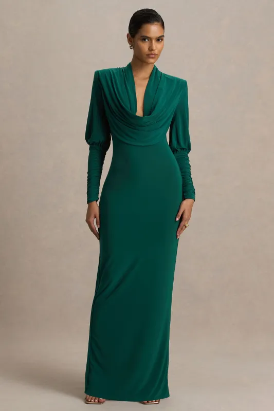 Kaylee | Bottle Green Cowl-Neck Maxi Dress With Draping Details sold by Club L London