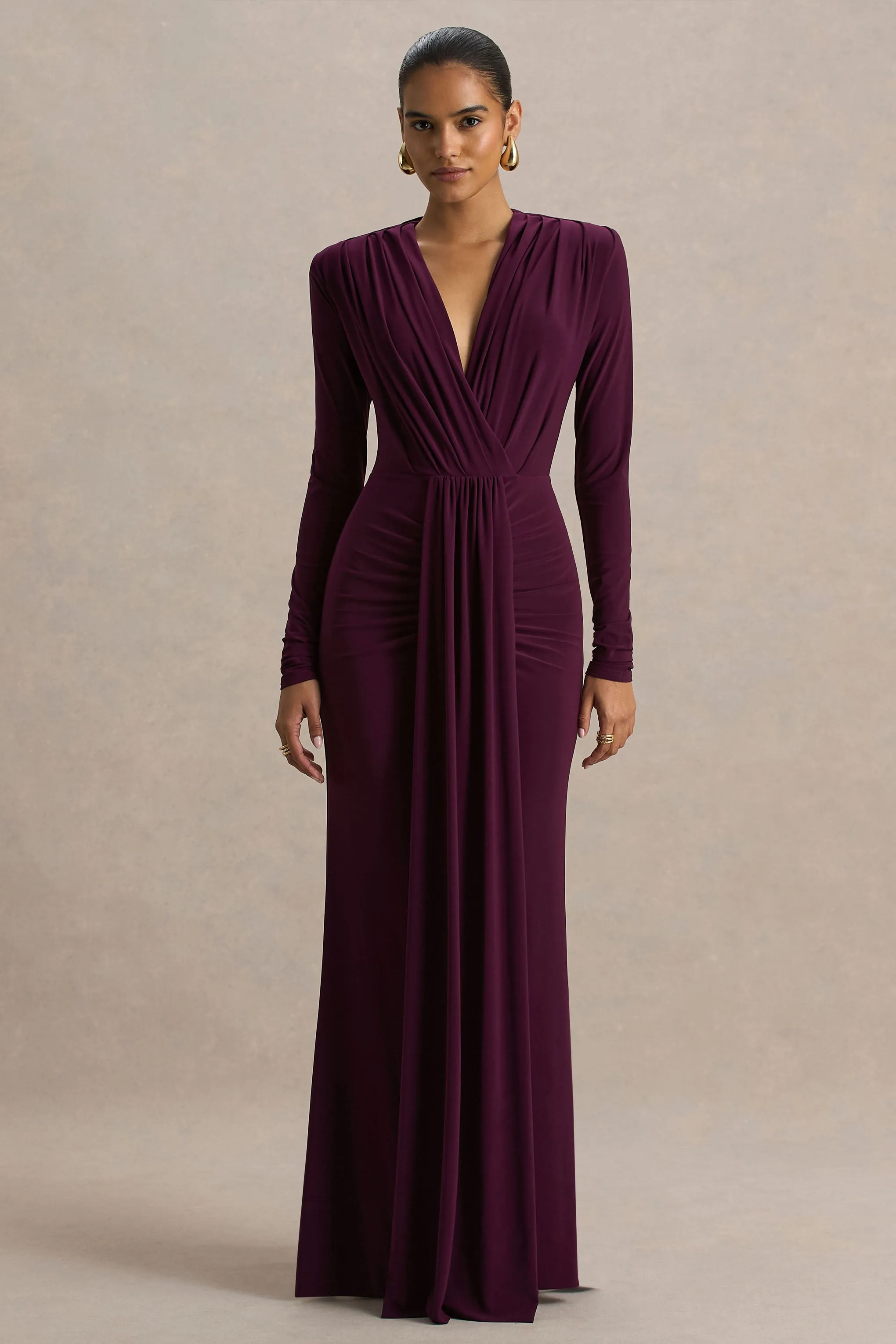 Flashy | Burgundy Plunge-Neck Maxi Dress With Ruched Detailing sold by Club L London product image thumbnail 4