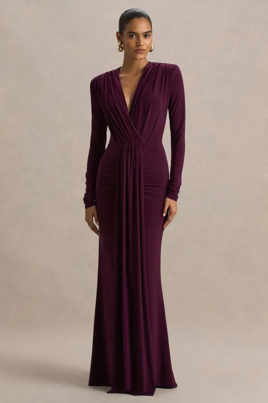 Flashy | Burgundy Plunge-Neck Maxi Dress With Ruched Detailing sold by Club L London