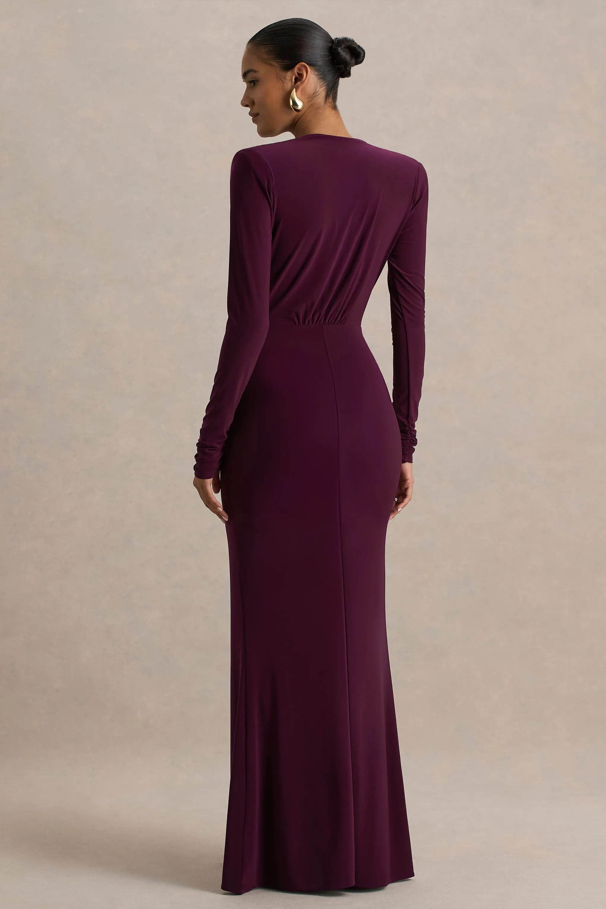 Flashy | Burgundy Plunge-Neck Maxi Dress With Ruched Detailing sold by Club L London product image thumbnail 2