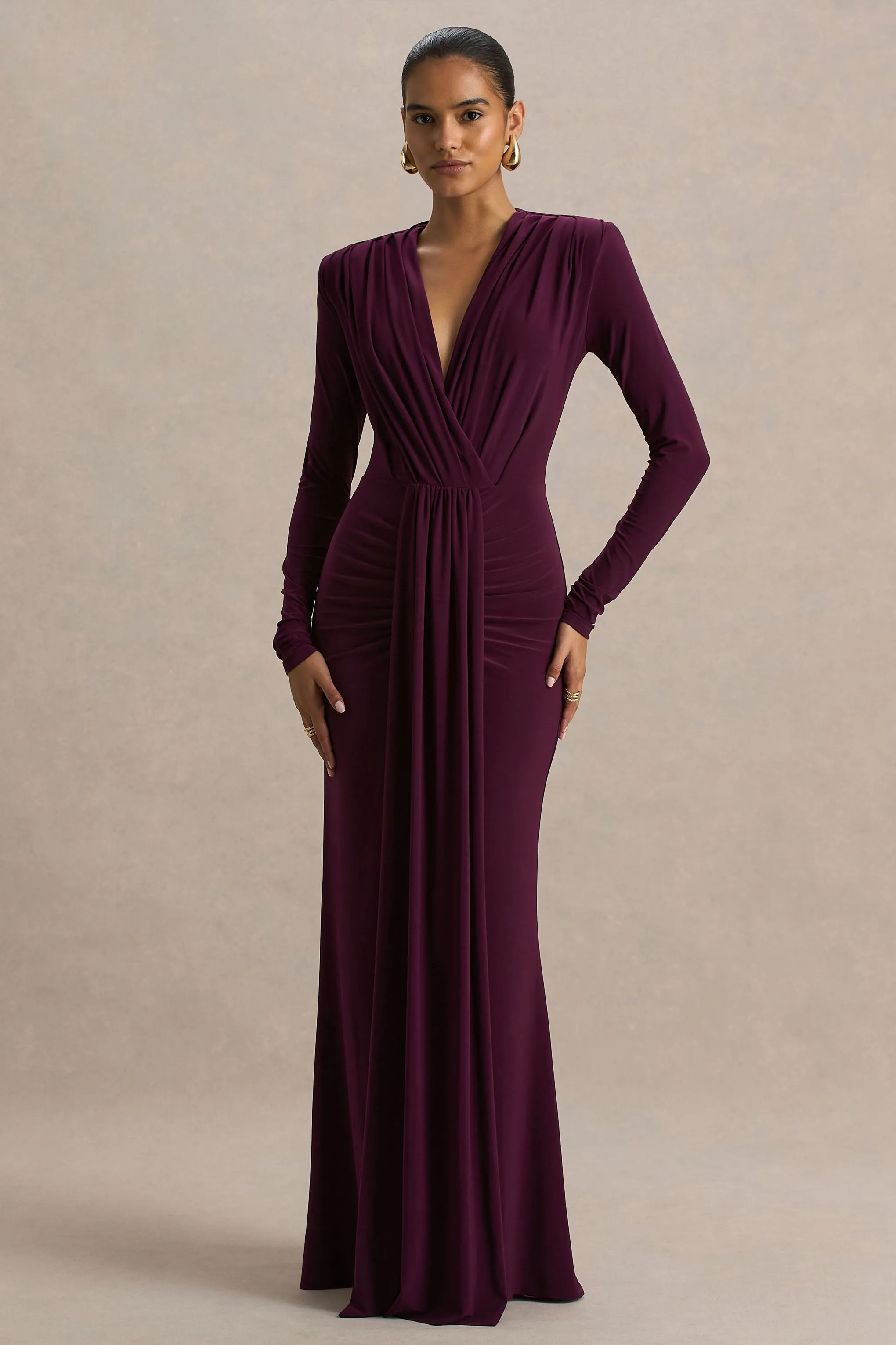 Flashy | Burgundy Plunge-Neck Maxi Dress With Ruched Detailing sold by Club L London product image thumbnail 5