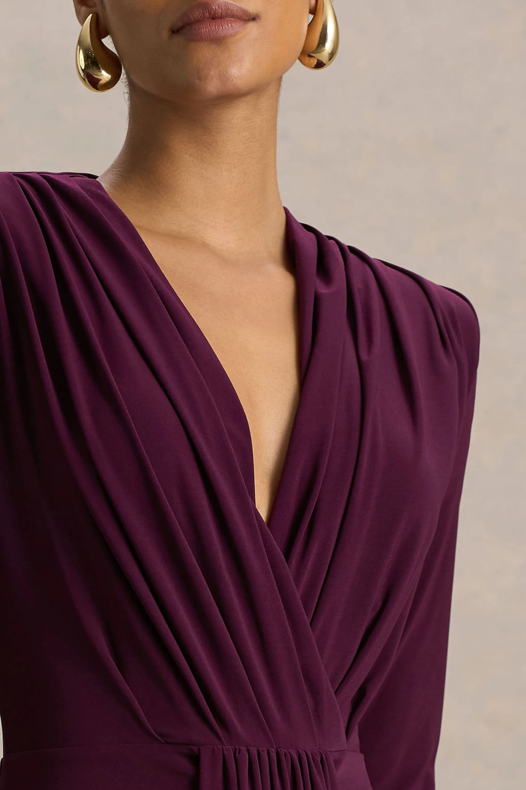 Flashy | Burgundy Plunge-Neck Maxi Dress With Ruched Detailing sold by Club L London product image thumbnail 3