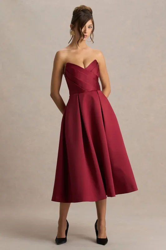 Promises | Burgundy Satin Sweetheart-Neck Midi Dress sold by Club L London