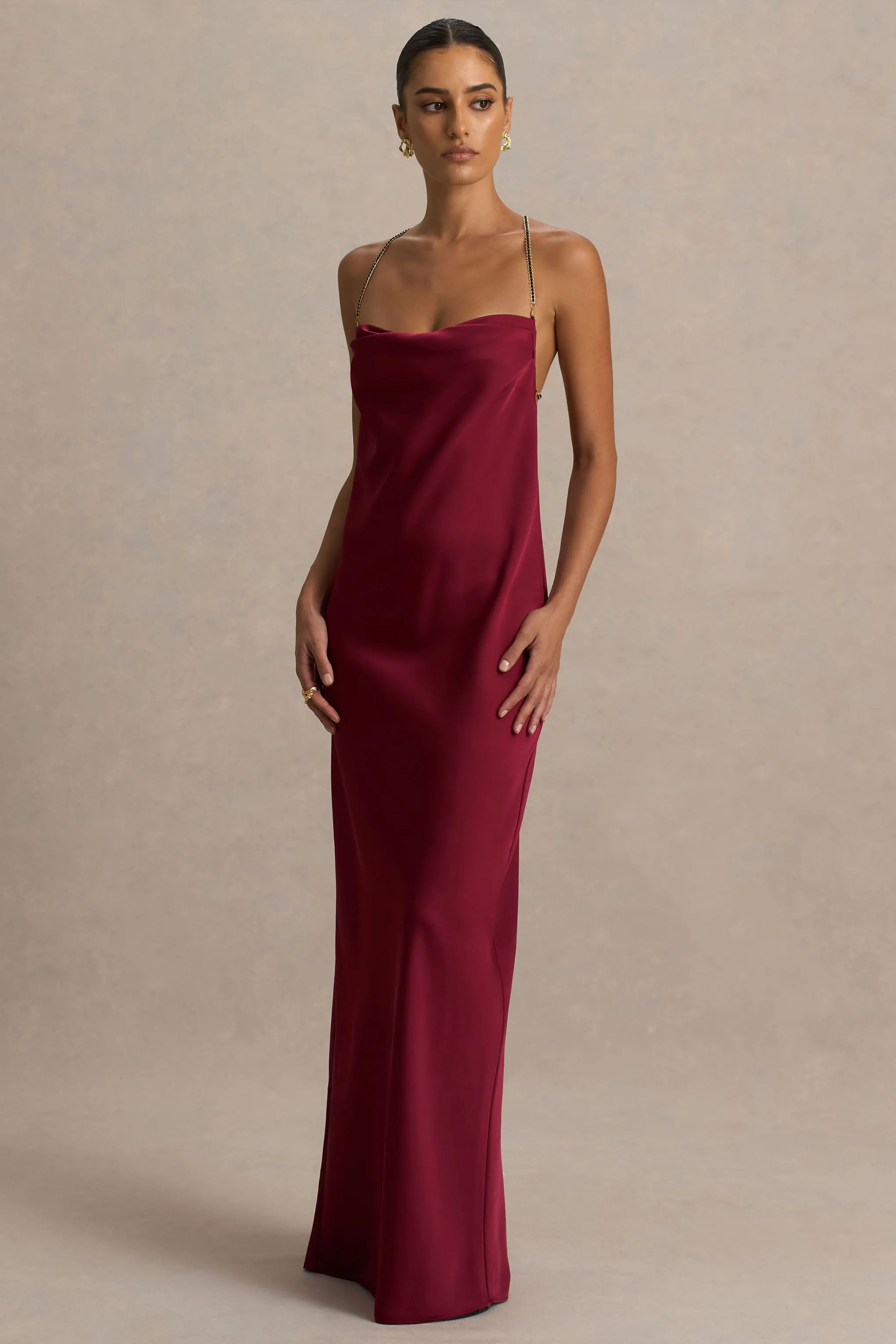 Cher | Burgundy Satin Square-Neck Maxi Dress With Embellished-Detailed Open-Back sold by Club L London product image thumbnail 4