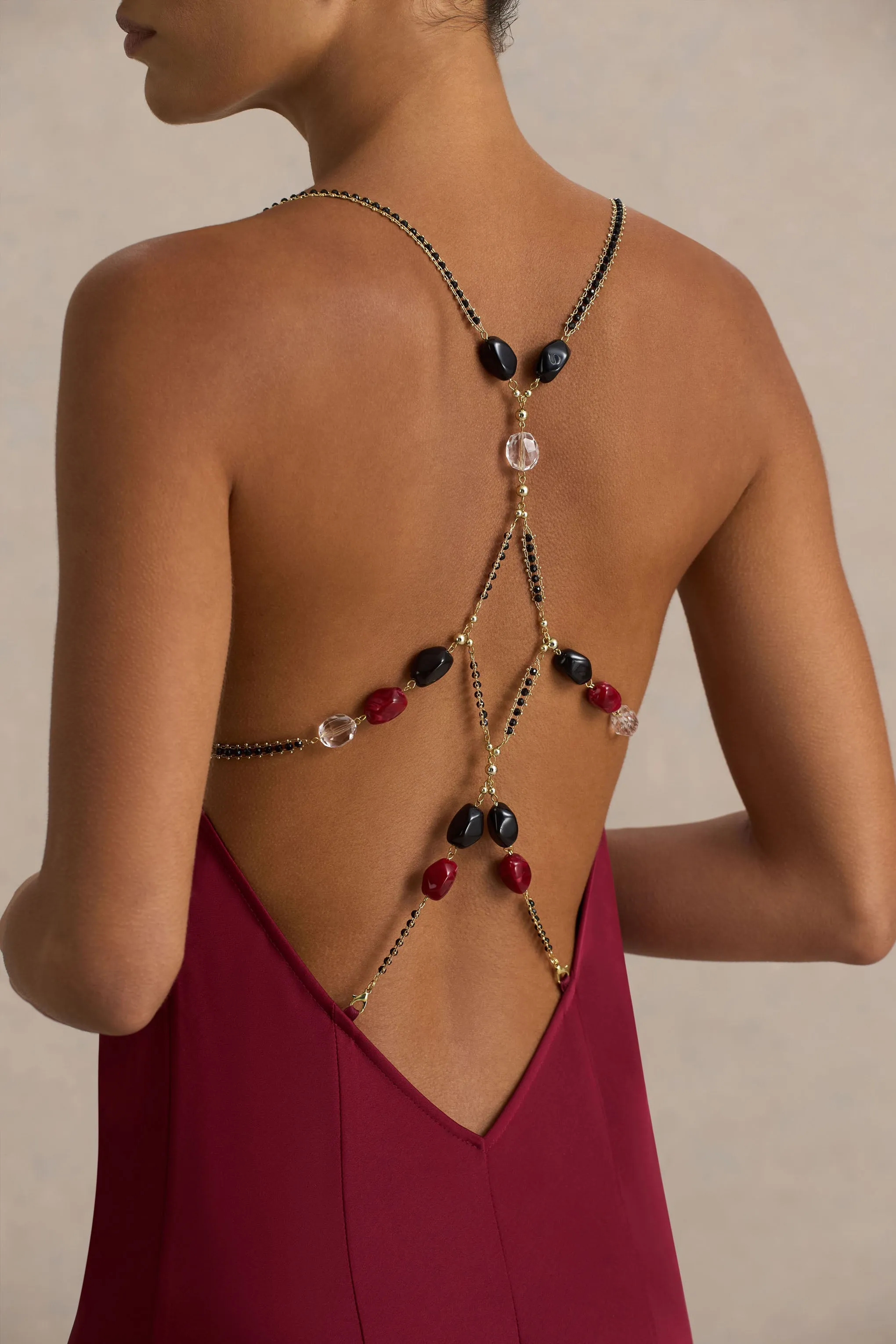 Cher | Burgundy Satin Square-Neck Maxi Dress With Embellished-Detailed Open-Back sold by Club L London product image thumbnail 3