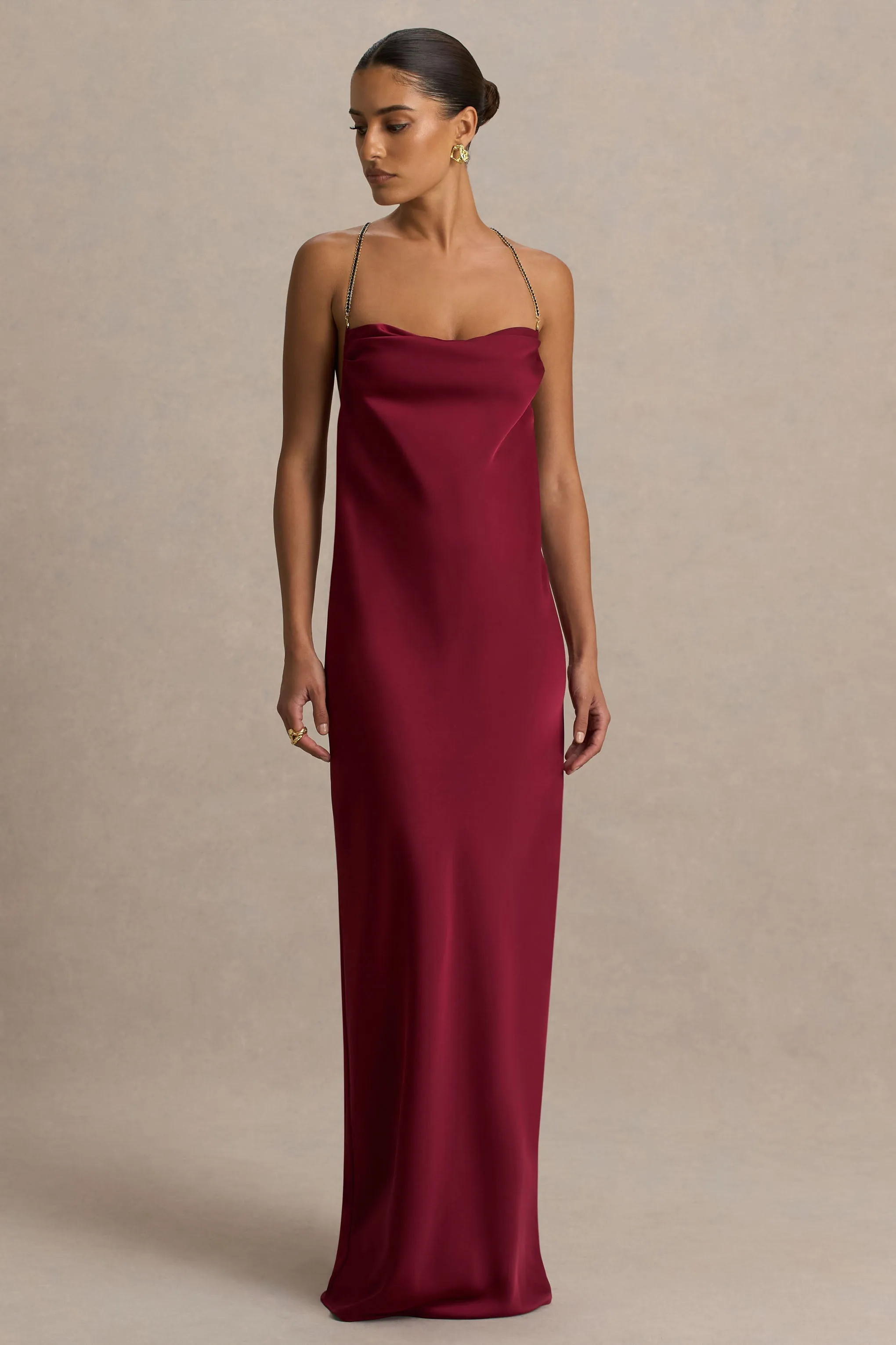 Cher | Burgundy Satin Square-Neck Maxi Dress With Embellished-Detailed Open-Back sold by Club L London product image thumbnail 5