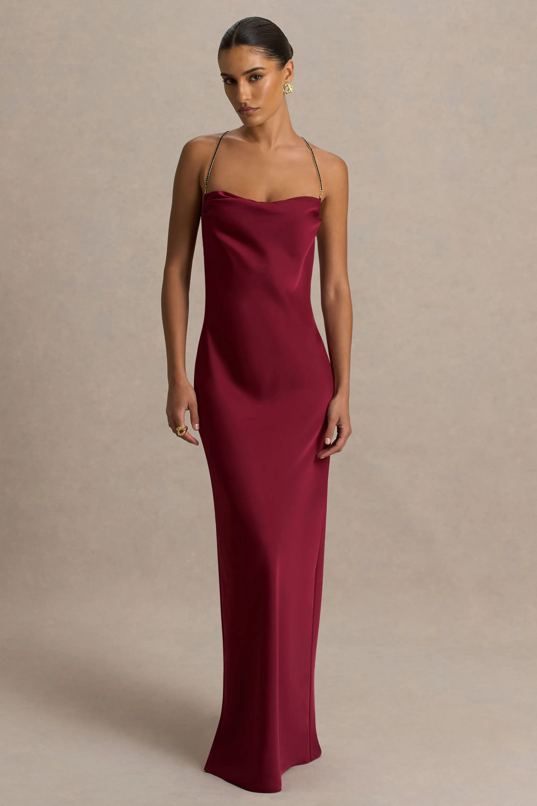 Cher | Burgundy Satin Square-Neck Maxi Dress With Embellished-Detailed Open-Back sold by Club L London product image thumbnail 2