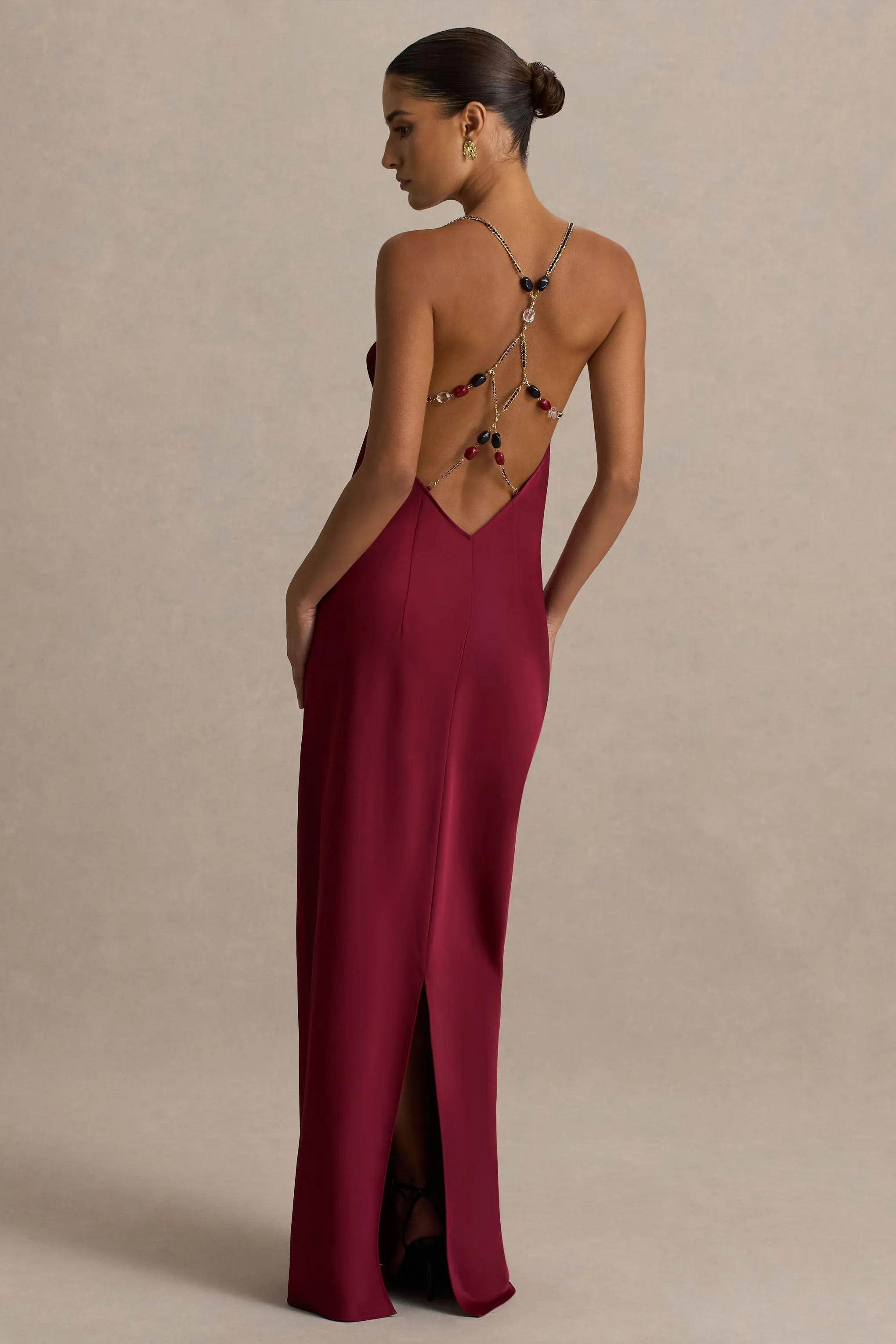 Cher | Burgundy Satin Square-Neck Maxi Dress With Embellished-Detailed Open-Back sold by Club L London