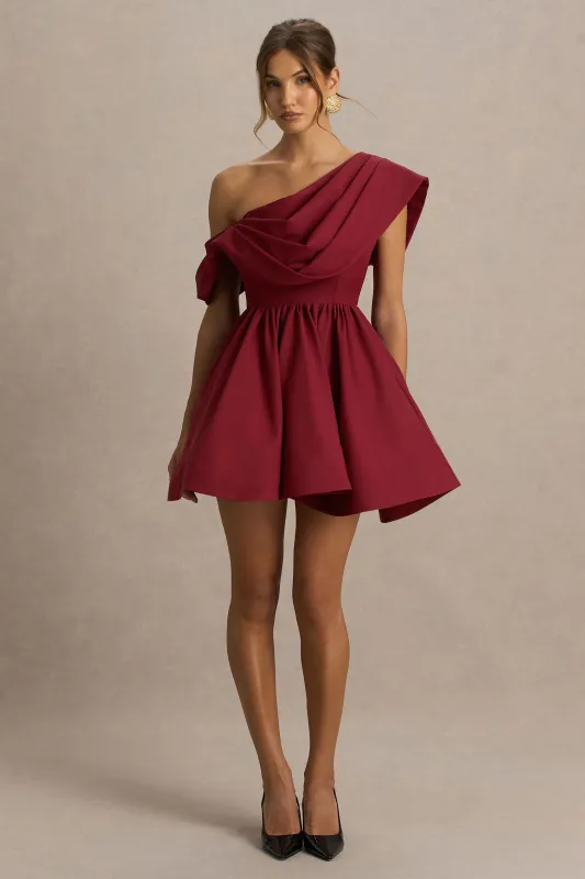 Verona | Burgundy  Draped Asymmetric-Neck Skater Mini Dress sold by Club L London