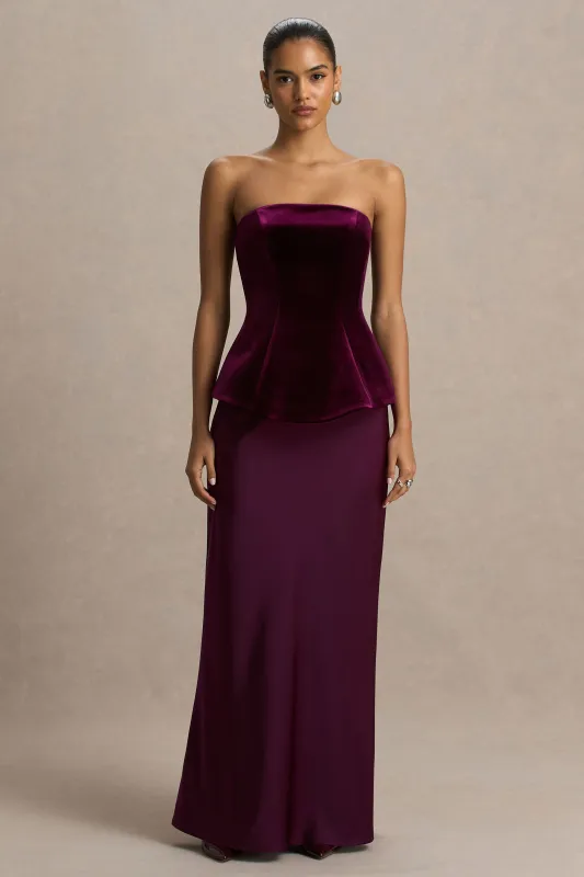 Indulgent | Burgundy Velvet And Satin Bandeau Corset Maxi Dress sold by Club L London