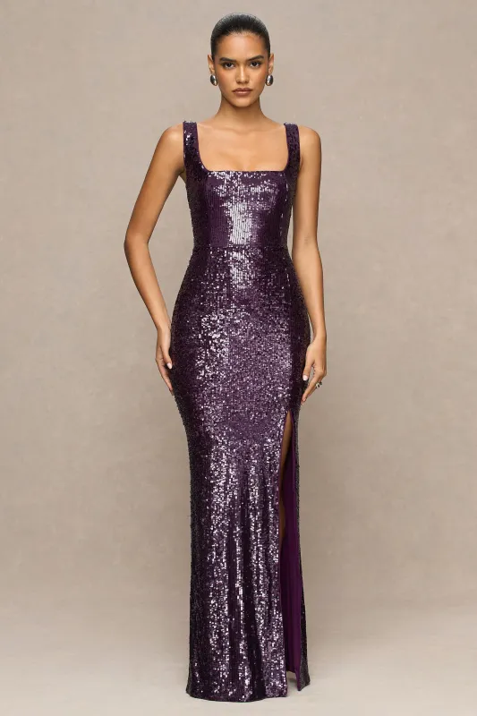 High Life | Burgundy Sequin Square-Neck Maxi Dress With Front-High Split sold by Club L London