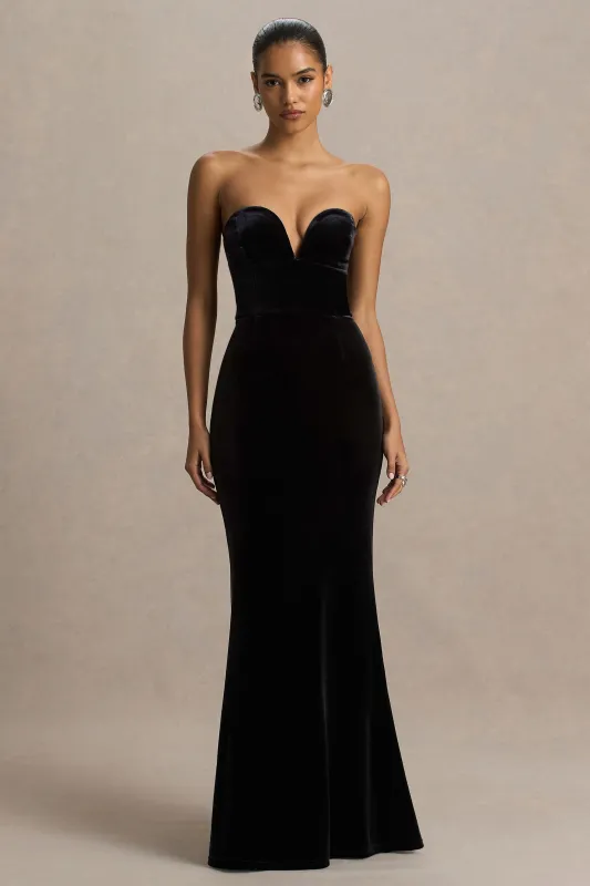 Yolanda | Black Velvet Sweetheart-Neck Maxi Dress sold by Club L London
