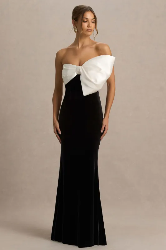 Divulge | Black And White Velvet Asymmetric-Neck Maxi Dress With Bow Detail sold by Club L London