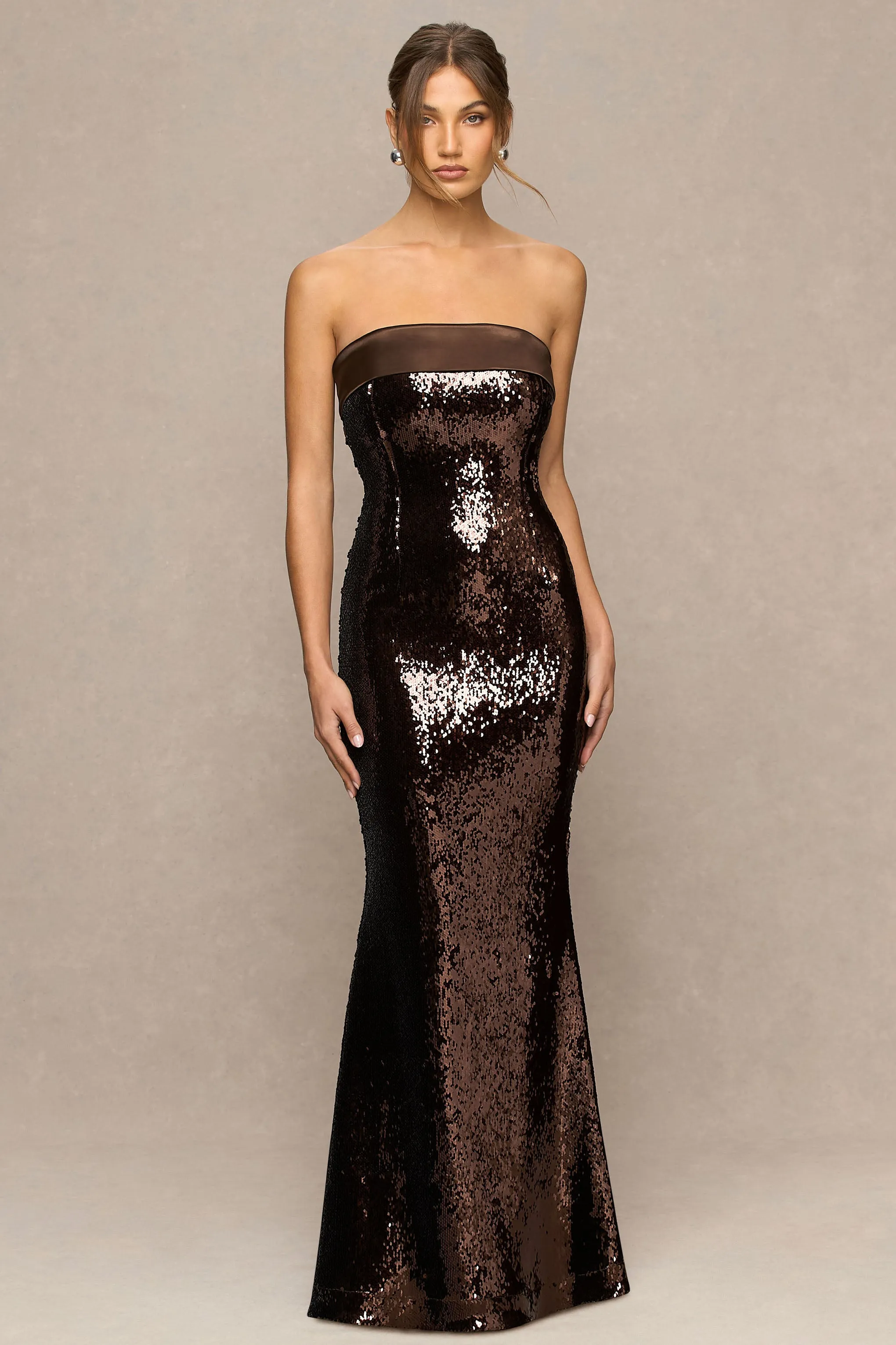 Leona | Brown Sequin Bandeau Maxi Dress With Satin Trim sold by Club L London product image thumbnail 4