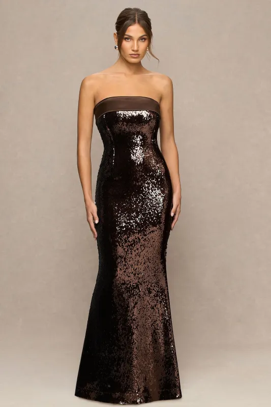 Leona | Brown Sequin Bandeau Maxi Dress With Satin Trim made by Club L London