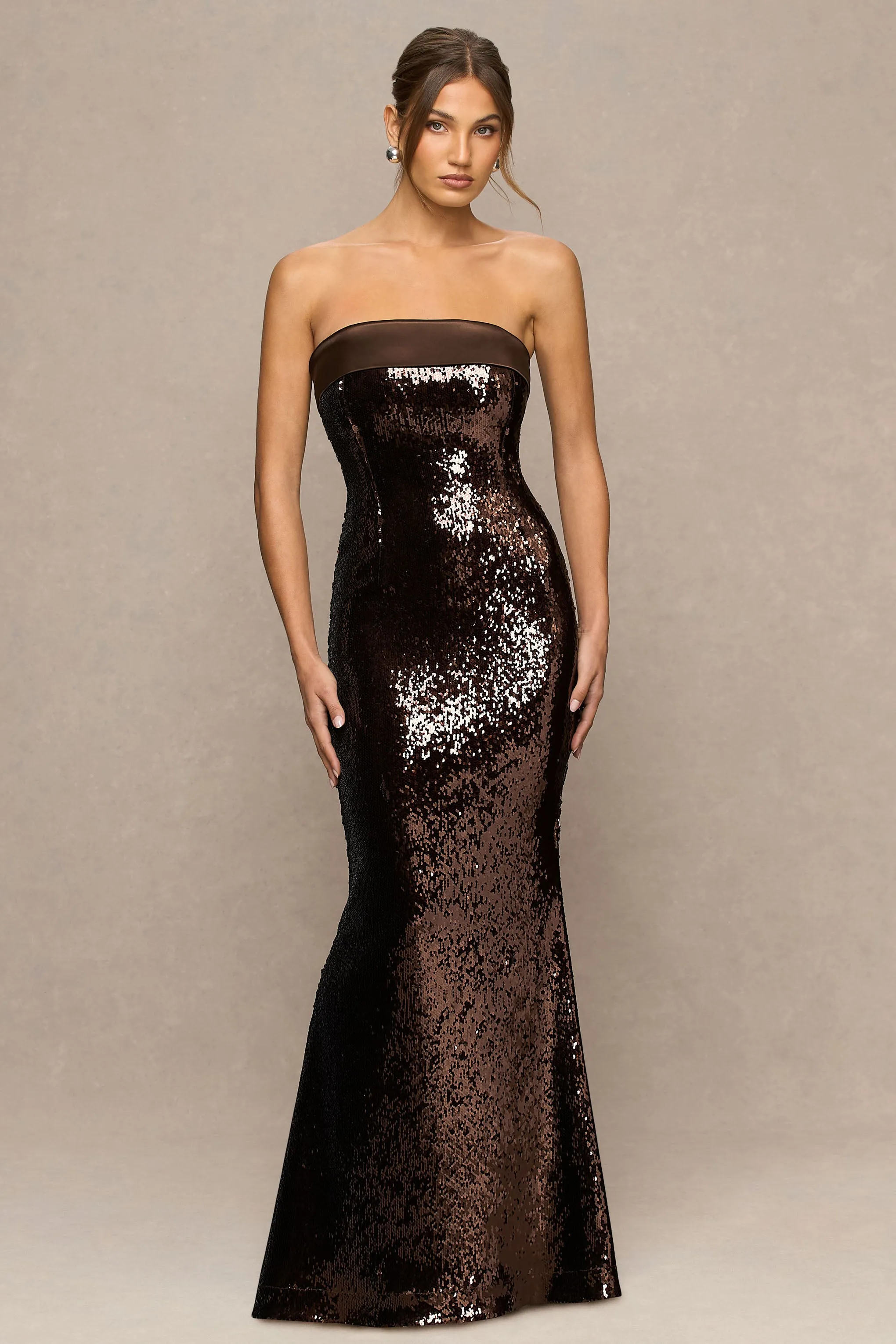 Leona | Brown Sequin Bandeau Maxi Dress With Satin Trim sold by Club L London product image thumbnail 5