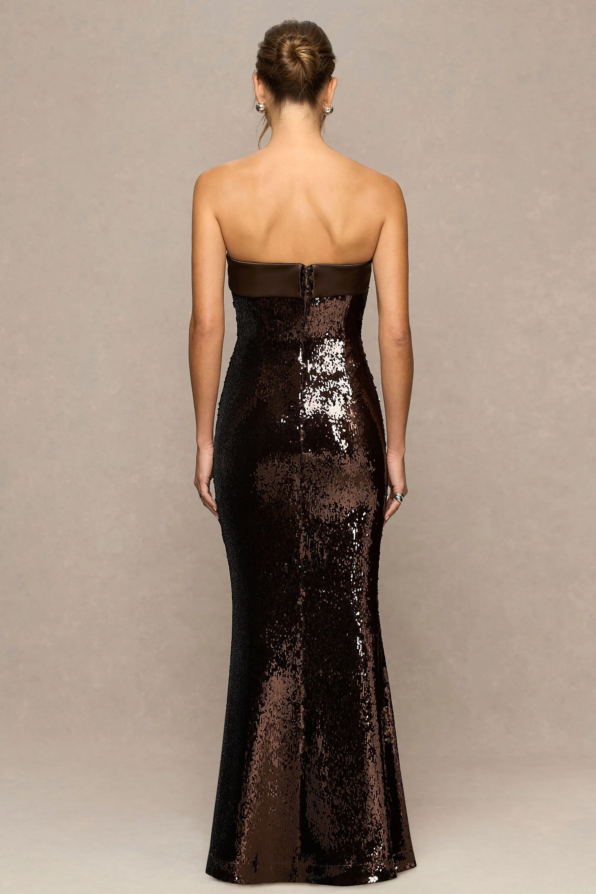 Leona | Brown Sequin Bandeau Maxi Dress With Satin Trim sold by Club L London product image thumbnail 2
