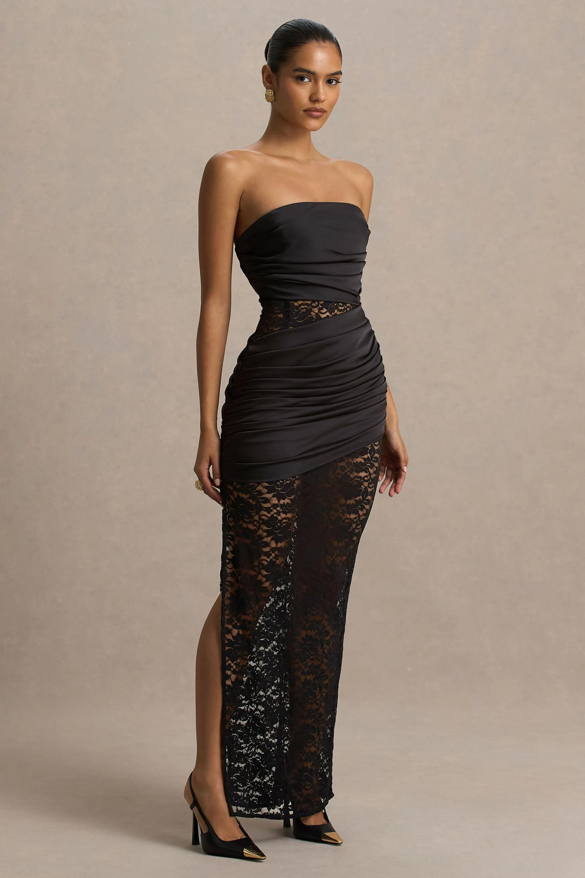Dulcie | Black Lace And Satin Bandeau Midaxi Dress With Wrap-Details sold by Club L London product image thumbnail 4