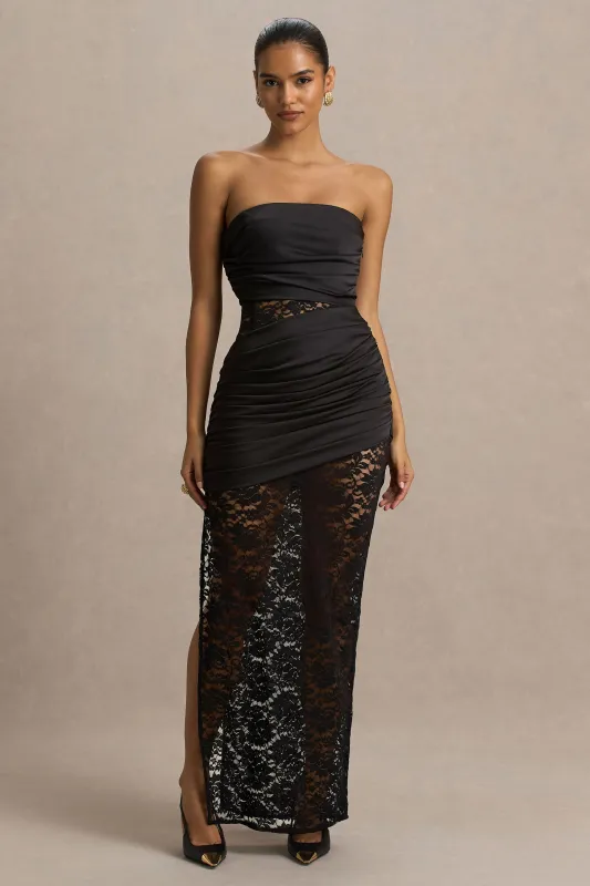 Dulcie | Black Lace And Satin Bandeau Midaxi Dress With Wrap-Details sold by Club L London