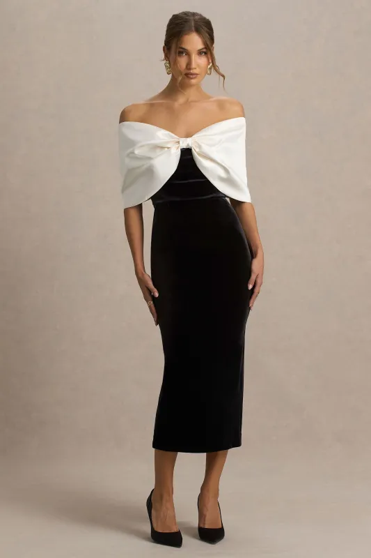 Twilight | Black And White Velvet Bardot-Neck Midi Dress With Oversized Bow sold by Club L London