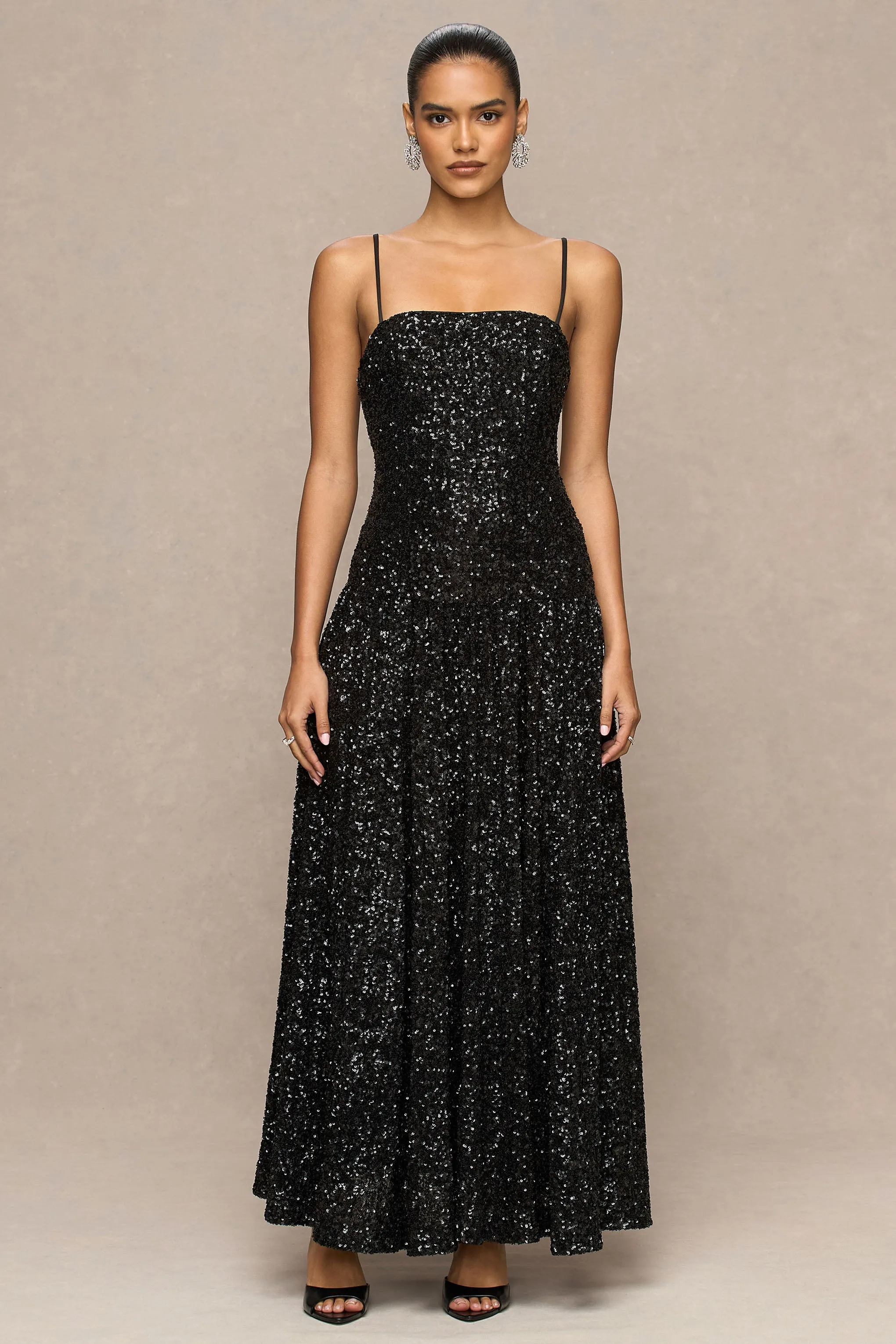 Allora | Black Sequin Square-Neck Maxi Dress With Pleated Skirt sold by Club L London product image thumbnail 5