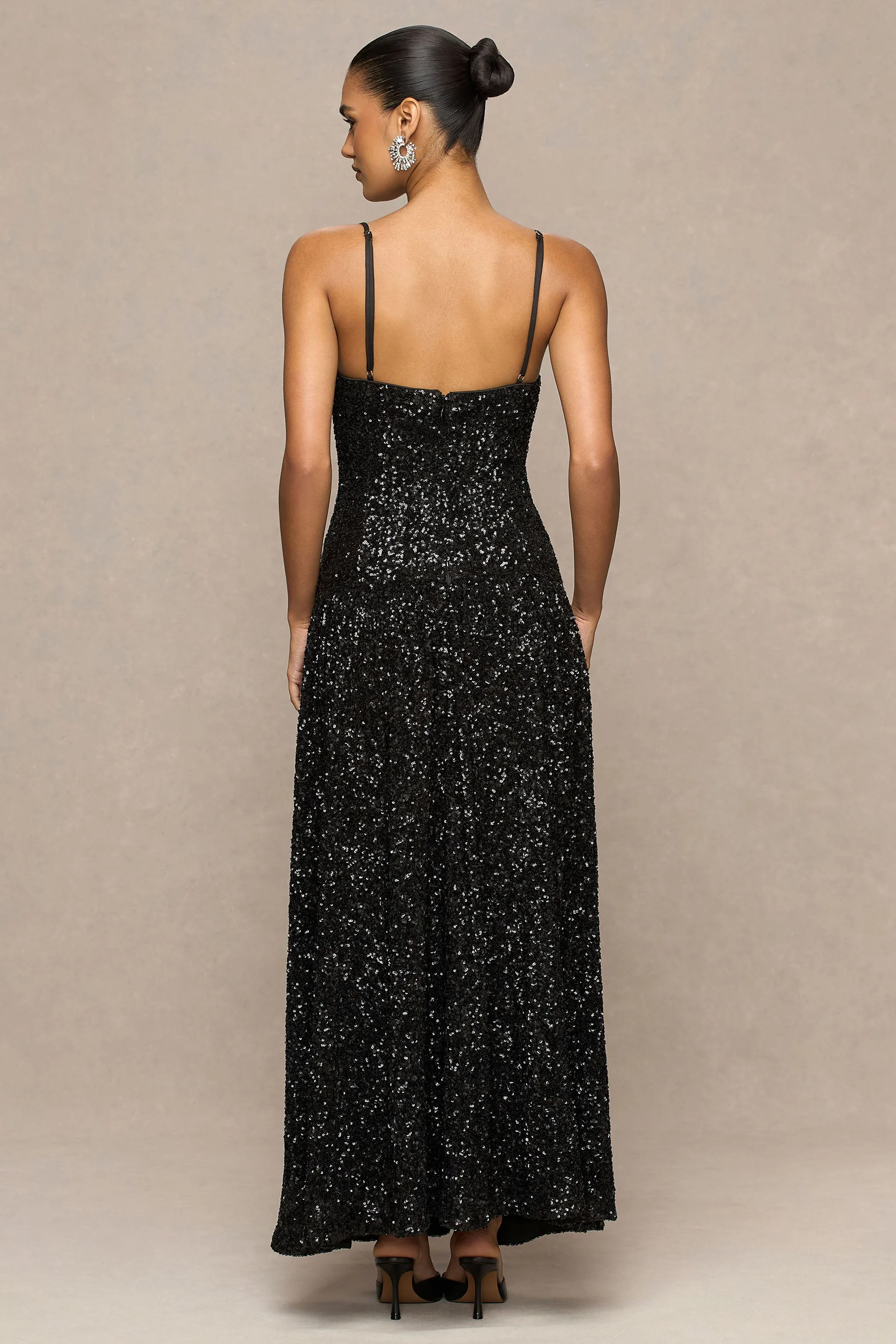 Allora | Black Sequin Square-Neck Maxi Dress With Pleated Skirt sold by Club L London product image thumbnail 2