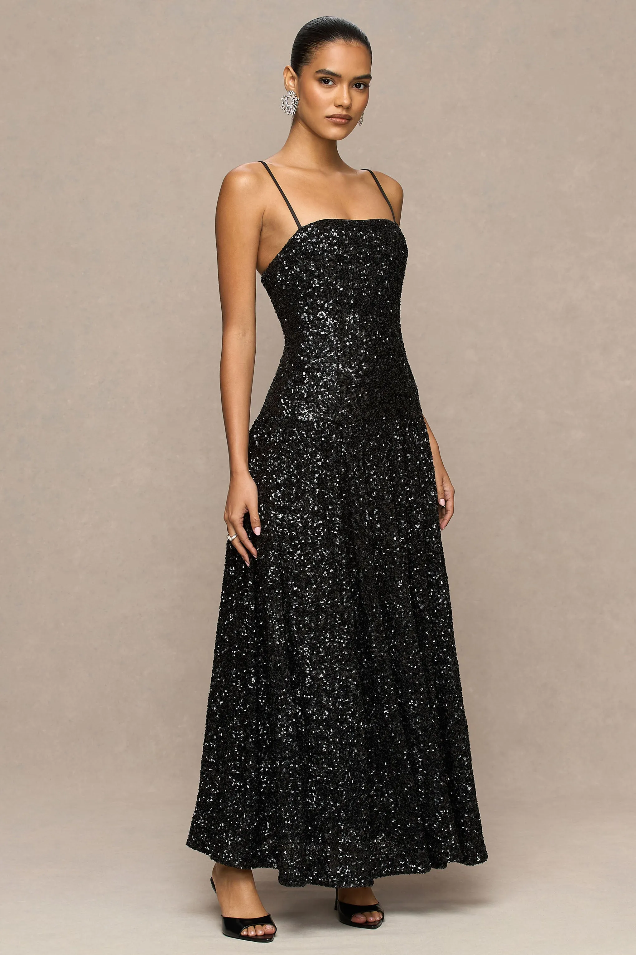 Allora | Black Sequin Square-Neck Maxi Dress With Pleated Skirt sold by Club L London product image thumbnail 4