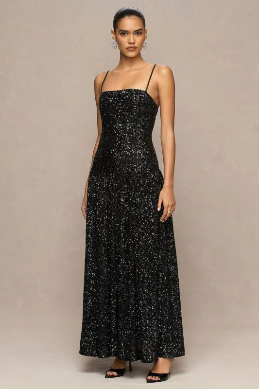 Allora | Black Sequin Square-Neck Maxi Dress With Pleated Skirt sold by Club L London