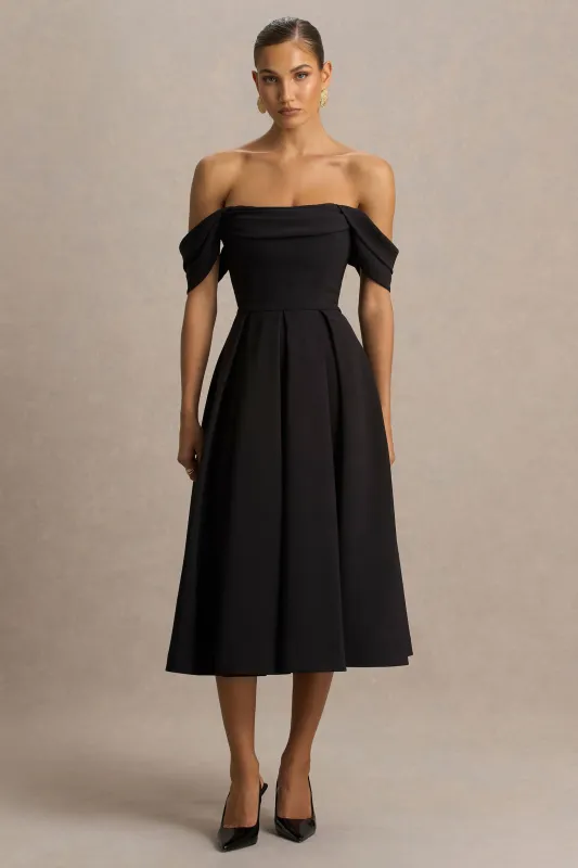 Cosima | Black Bardot-Neck Midi Dress sold by Club L London