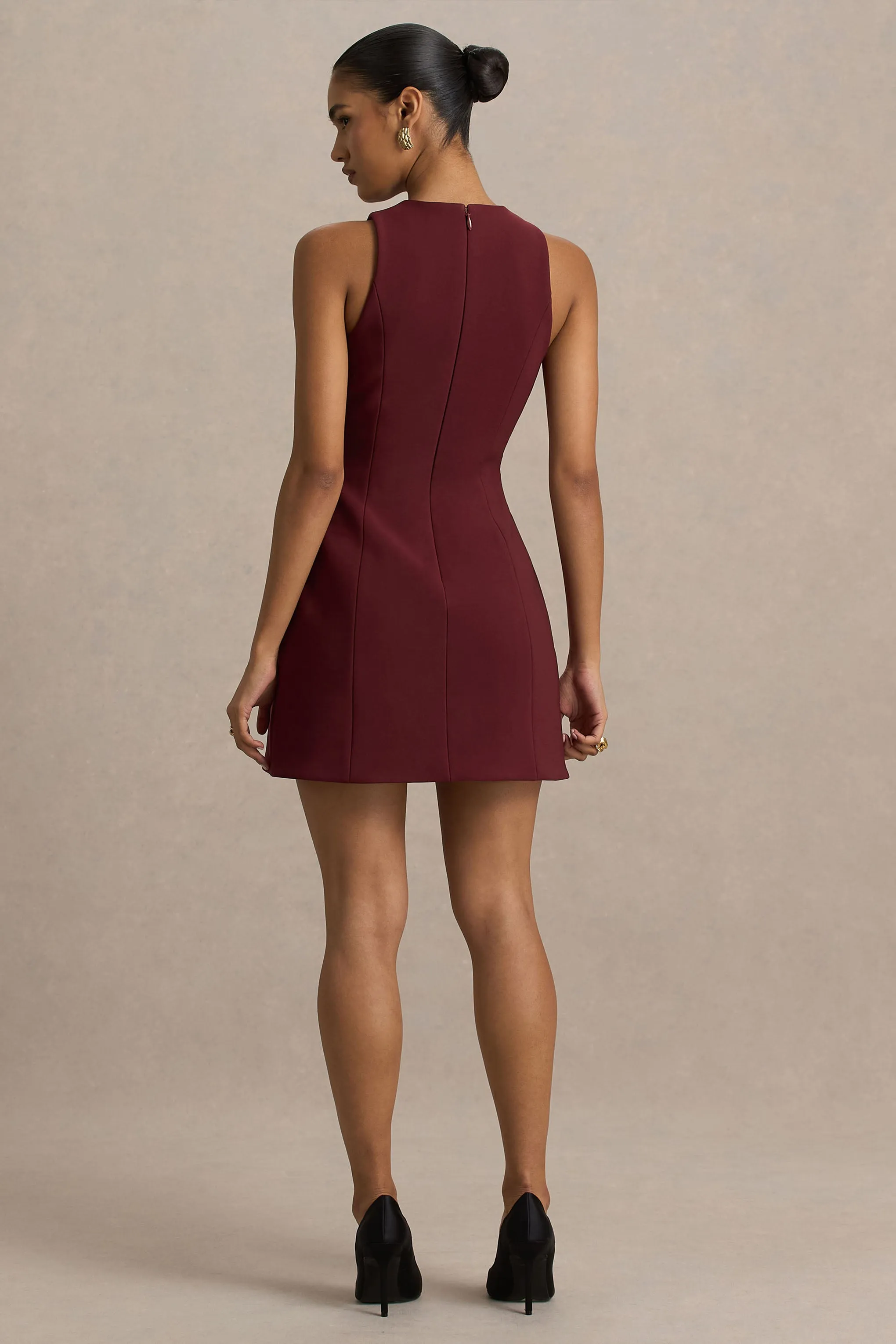 Belony | Dark Plum Crew-Neck Mini Dress With Button Detailing sold by Club L London product image thumbnail 2