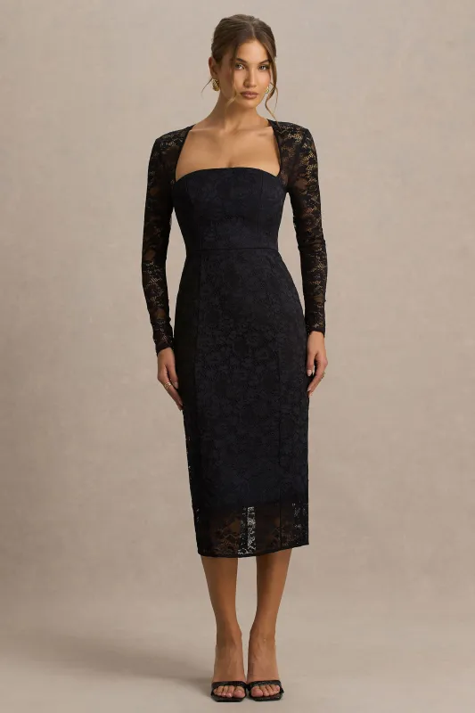 Alissa | Black Lace Square-Neck Midi Dress sold by Club L London