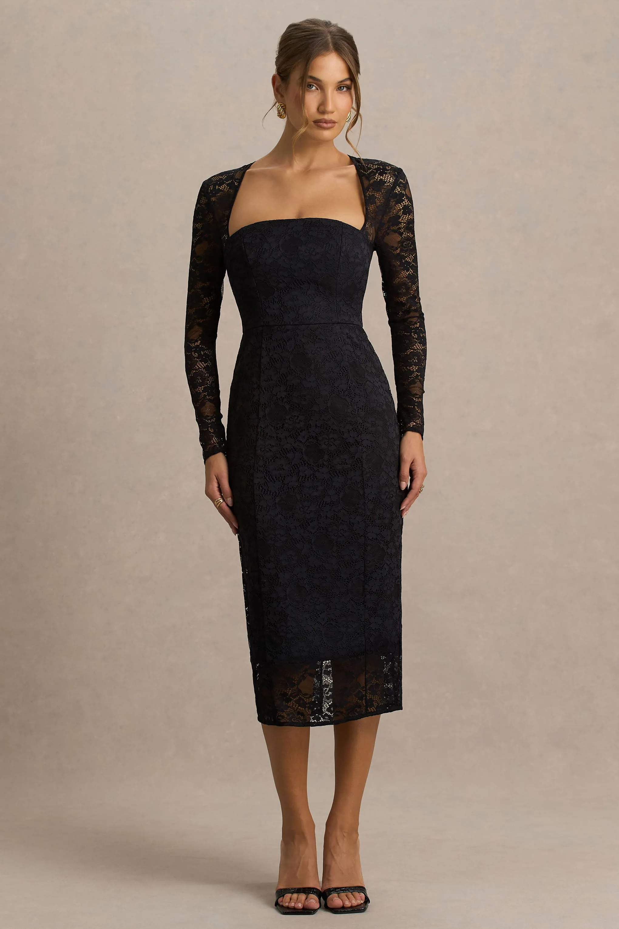 Alissa | Black Lace Square-Neck Midi Dress sold by Club L London