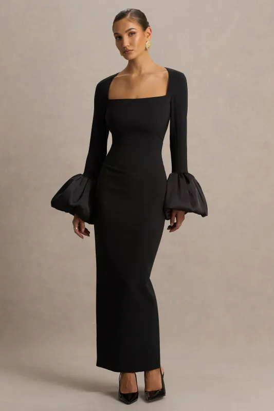 Retreat | Black Square-Neck Maxi Dress With Satin Puff-Sleeves sold by Club L London