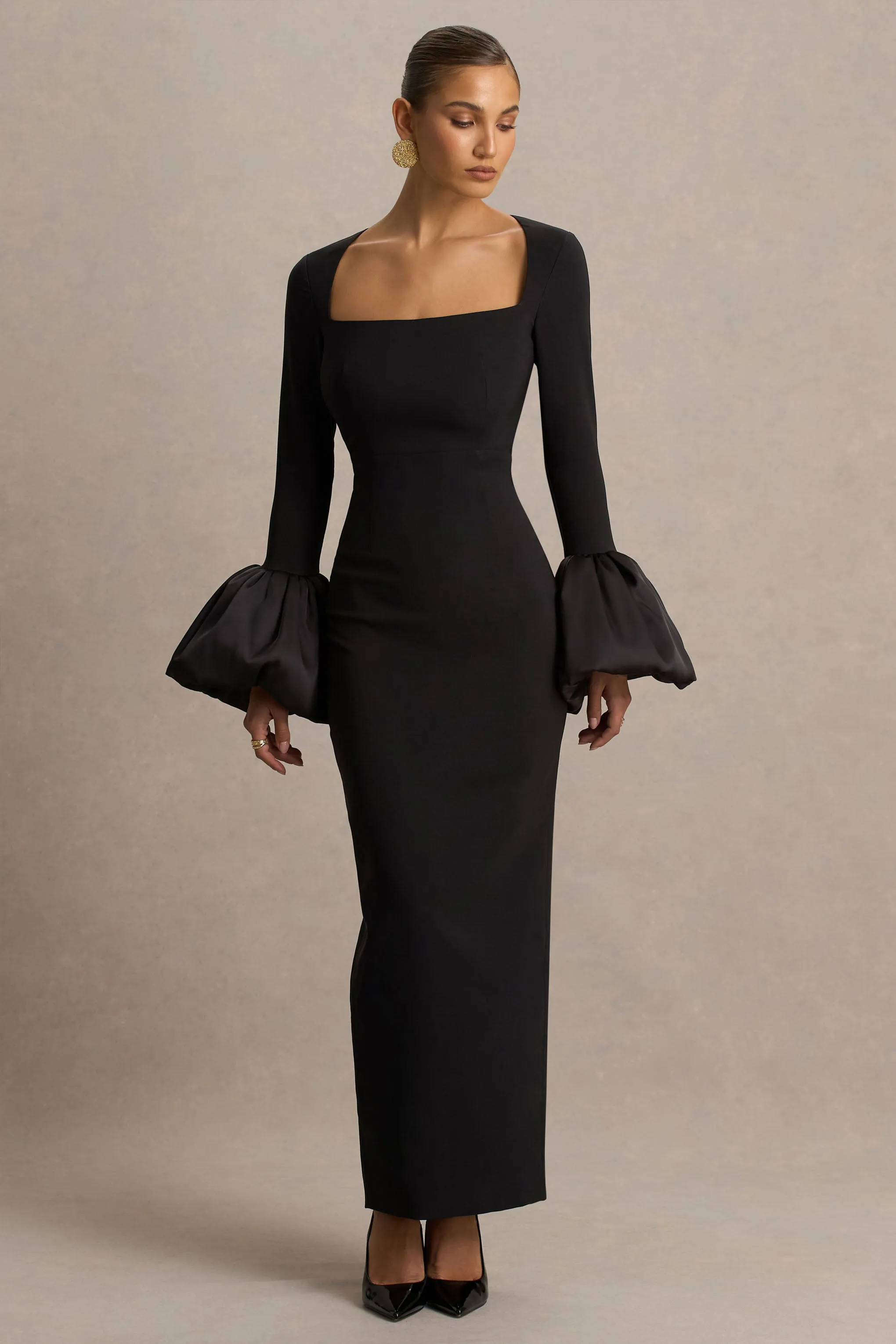 Retreat | Black Square-Neck Maxi Dress With Satin Puff-Sleeves sold by Club L London product image thumbnail 5