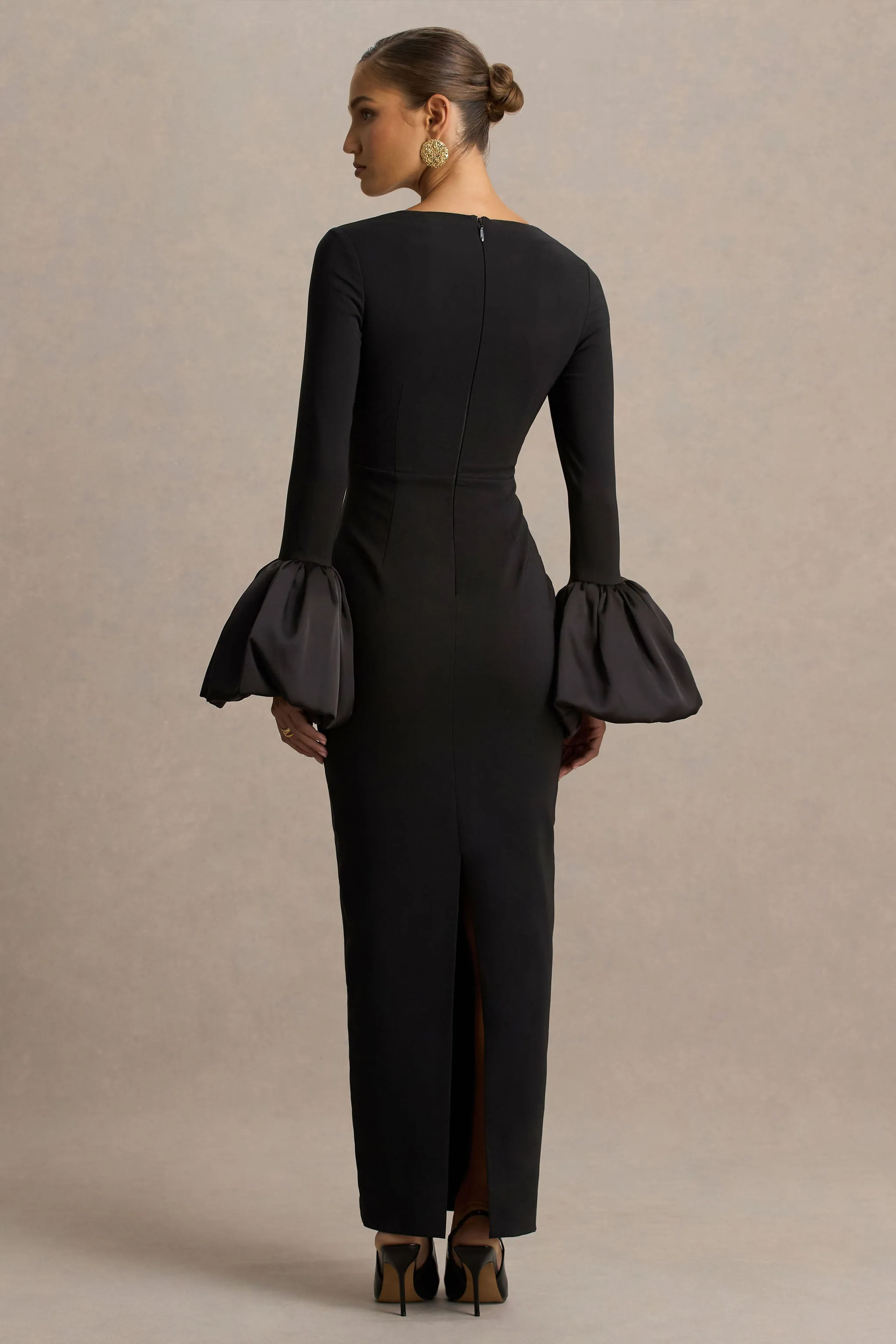 Retreat | Black Square-Neck Maxi Dress With Satin Puff-Sleeves sold by Club L London product image thumbnail 2