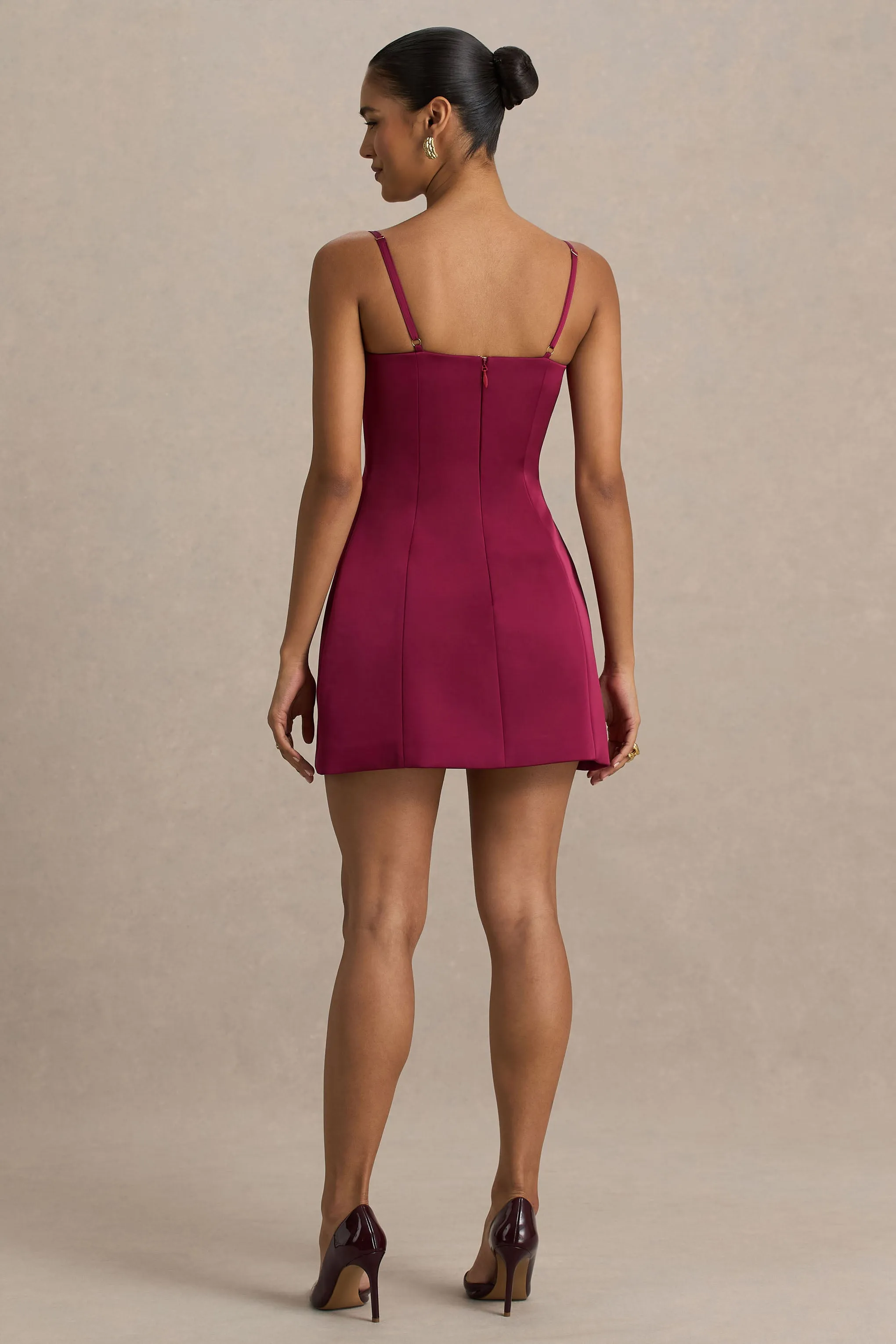 Elara | Burgundy Satin Plunge-Neck Mini Dress sold by Club L London product image thumbnail 2