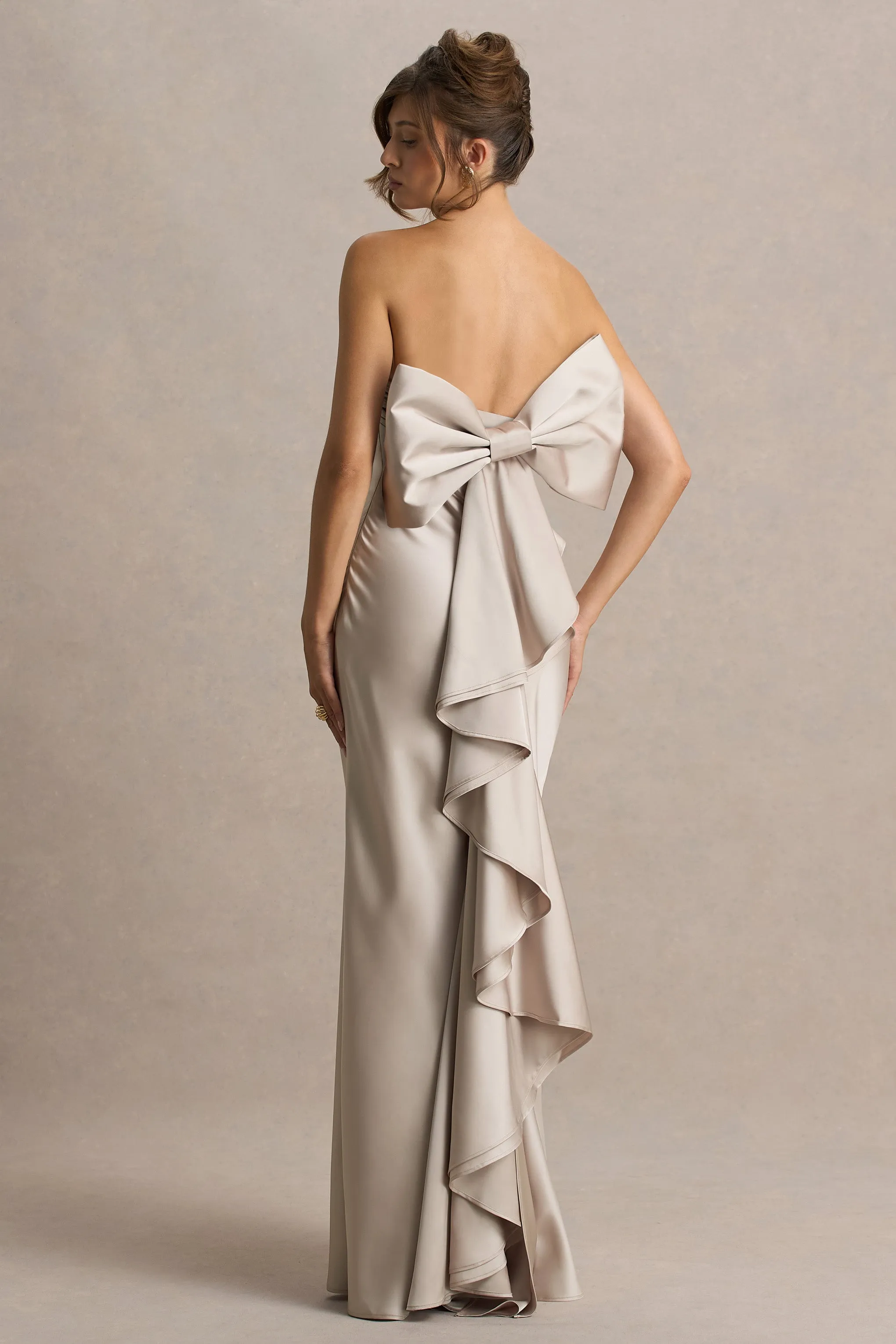 Talulla | Champagne Satin Bandeau Maxi Dress With Ruffled Detail sold by Club L London