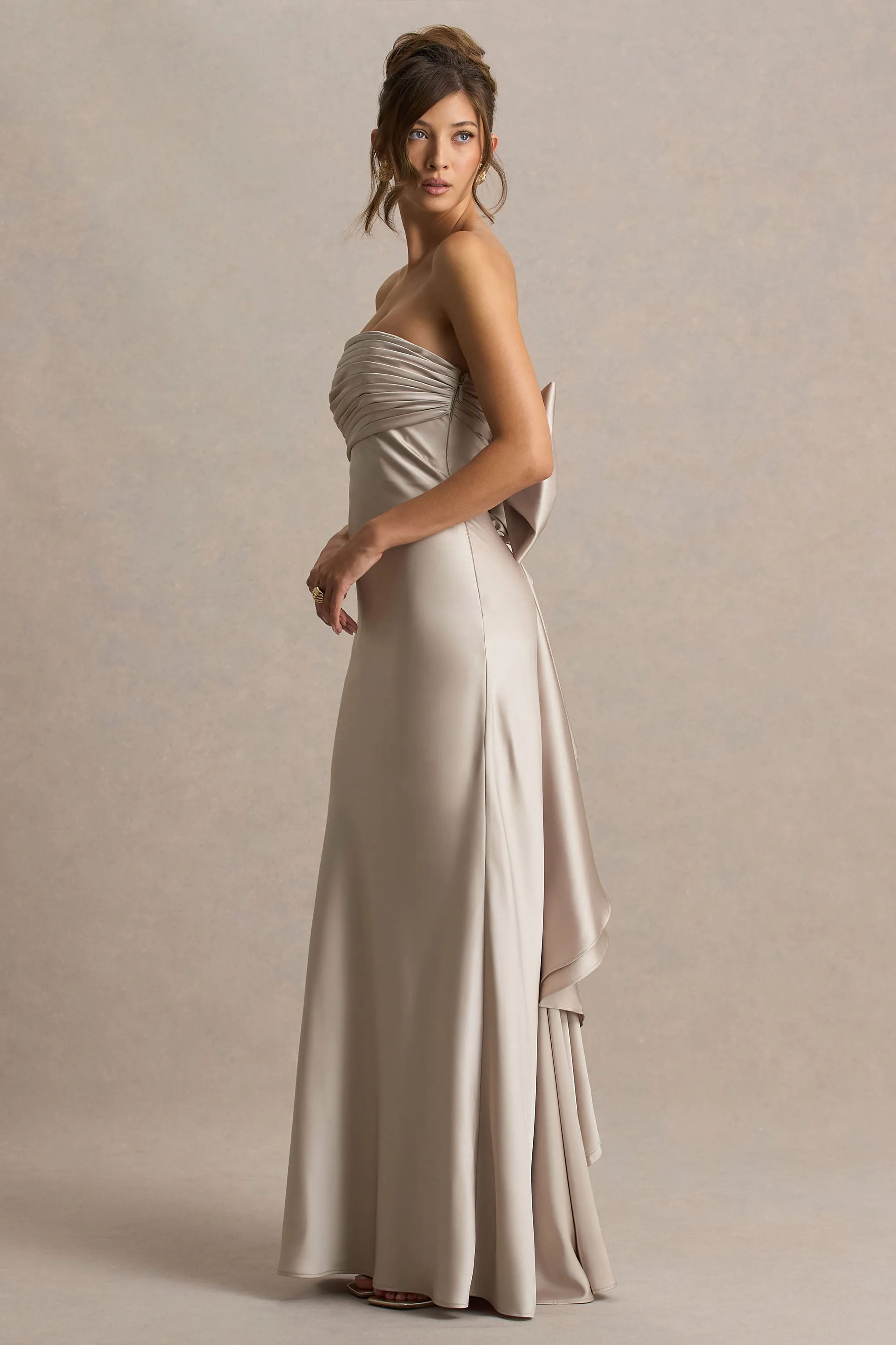 Talulla | Champagne Satin Bandeau Maxi Dress With Ruffled Detail sold by Club L London product image thumbnail 5