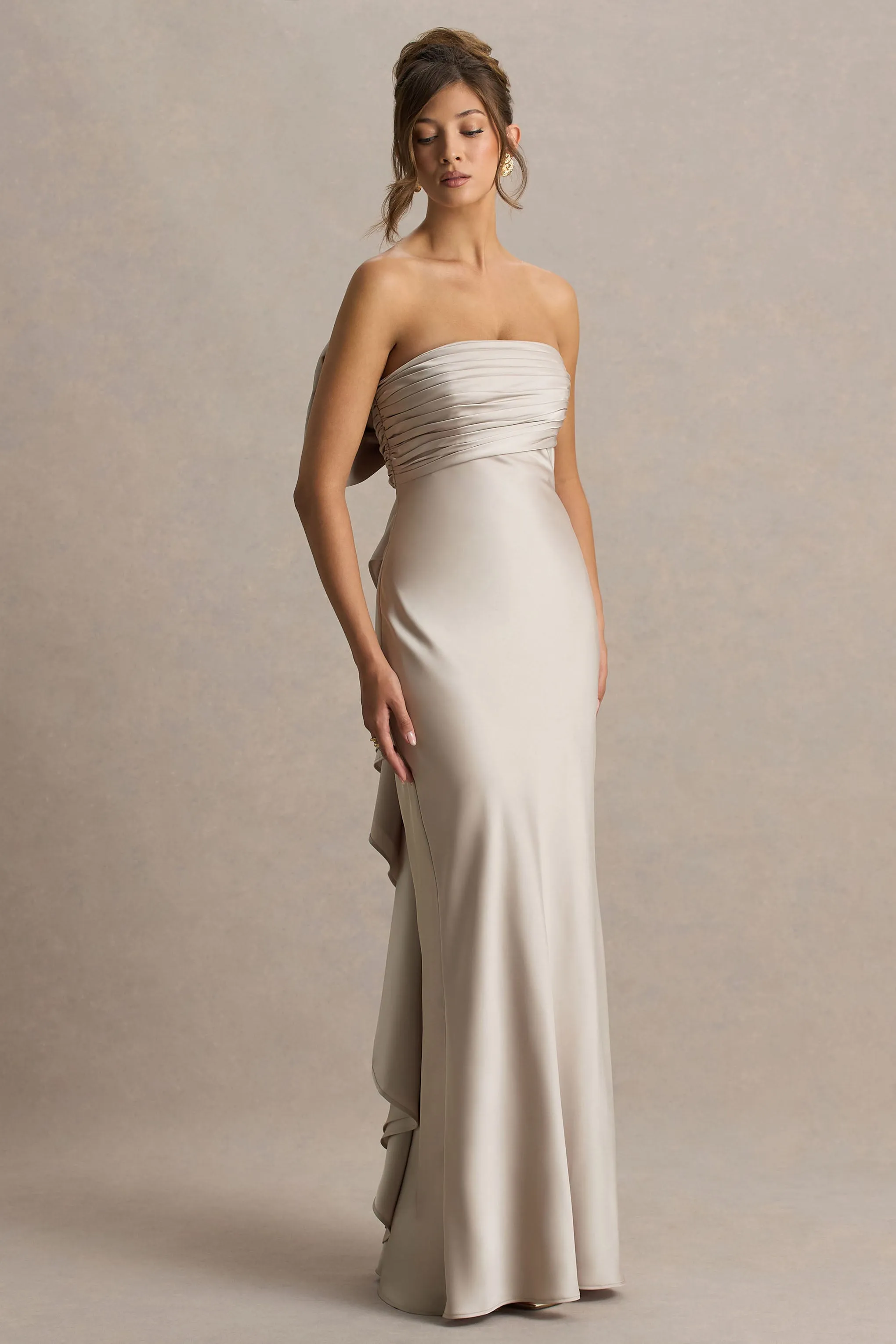 Talulla | Champagne Satin Bandeau Maxi Dress With Ruffled Detail sold by Club L London product image thumbnail 2