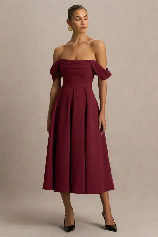 Cosima | Burgundy Bardot-Neck Midi Dress sold by Club L London