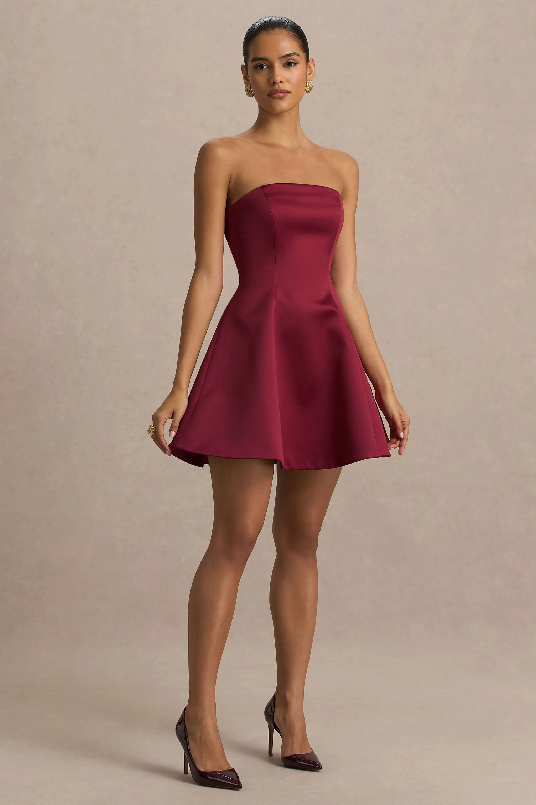 Lioray | Burgundy Satin Bandeau-Neck A-Line Mini Dress sold by Club L London product image thumbnail 5