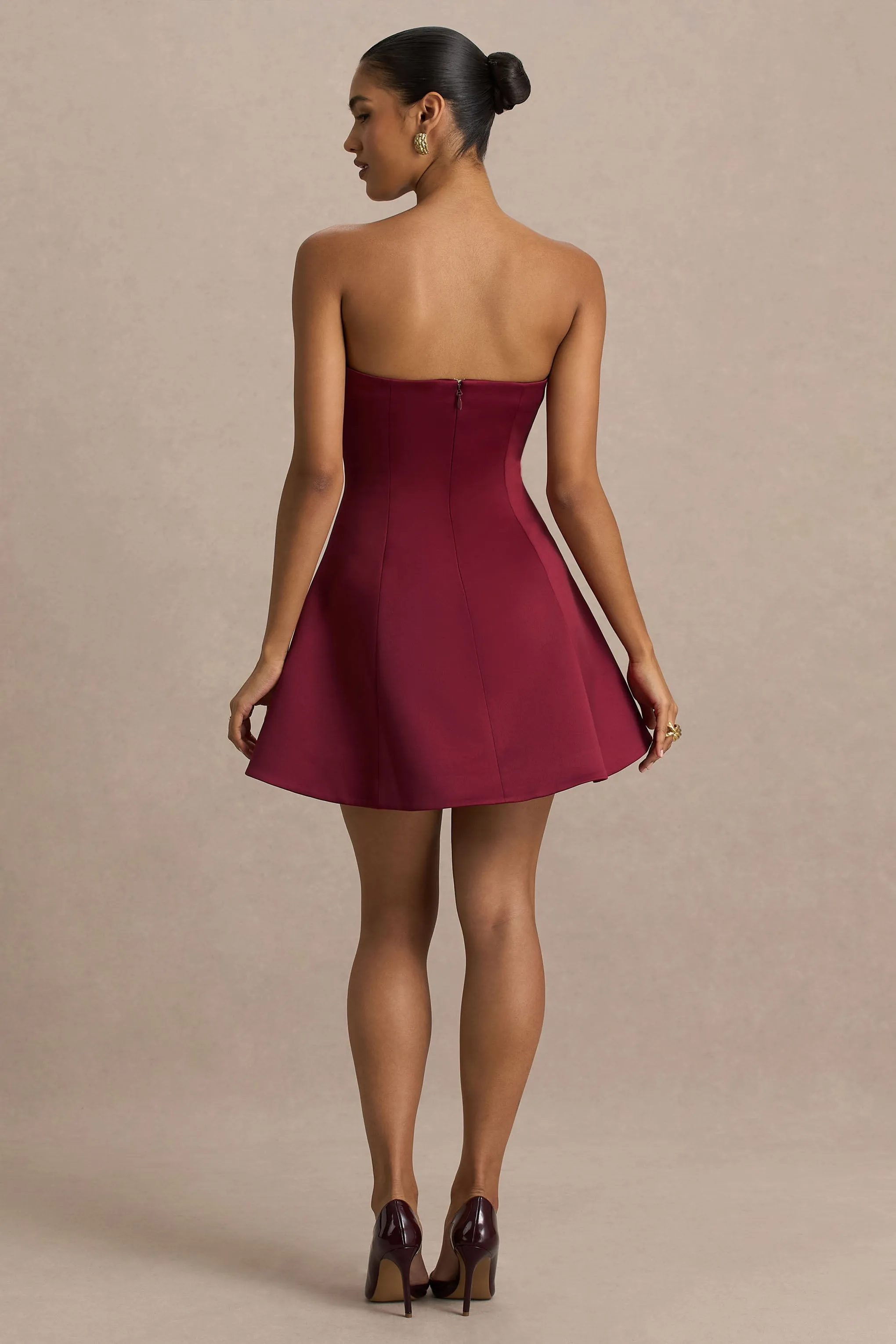 Lioray | Burgundy Satin Bandeau-Neck A-Line Mini Dress sold by Club L London product image thumbnail 2